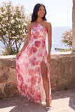Roze A-lijn chiffon halter halshals bloemen maxijurk met split