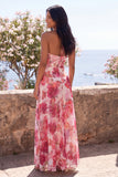 Roze A-lijn chiffon halter halshals bloemen maxijurk met split