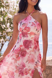 Roze A-lijn chiffon halter halshals bloemen maxijurk met split