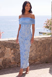 Blauwe off-the-shoulder bodycon geappliceerde bloemen maxijurk