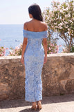 Blauwe off-the-shoulder bodycon geappliceerde bloemen maxijurk
