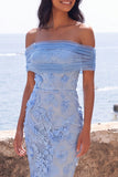 Blauwe off-the-shoulder bodycon geappliceerde bloemen maxijurk