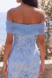 Blauwe off-the-shoulder bodycon geappliceerde bloemen maxijurk