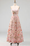 A-lijn roze strapless geborduurde midi bloemenjurk