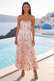 A-lijn roze strapless geborduurde midi bloemenjurk