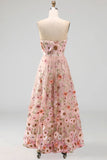 A-lijn roze strapless geborduurde midi bloemenjurk
