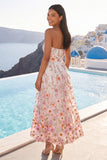 A-lijn roze strapless geborduurde midi bloemenjurk