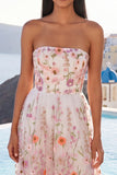 A-lijn roze strapless geborduurde midi bloemenjurk