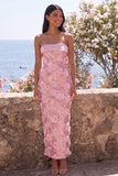 Glinsterende roze strapless bodycon pailletten midi bloemenjurk met split