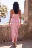 Glinsterende roze strapless bodycon pailletten midi bloemenjurk met split