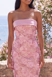 Glinsterende roze strapless bodycon pailletten midi bloemenjurk met split