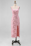 Glinsterende roze bodycon vierkante halspailletten midi bloemenjurk met split