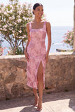 Glinsterende roze bodycon vierkante halspailletten midi bloemenjurk met split