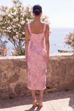 Glinsterende roze bodycon vierkante halspailletten midi bloemenjurk met split