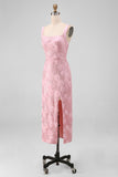 Glinsterende roze bodycon vierkante halspailletten midi bloemenjurk met split