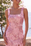 Glinsterende roze bodycon vierkante halspailletten midi bloemenjurk met split