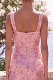 Glinsterende roze bodycon vierkante halspailletten midi bloemenjurk met split