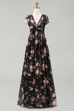 Zwarte chiffon A-lijn V-hals maxi bloemenjurk met rimpels en mutsen