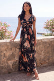 Zwarte chiffon A-lijn V-hals maxi bloemenjurk met rimpels en mutsen