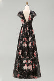 Zwarte chiffon A-lijn V-hals maxi bloemenjurk met rimpels en mutsen