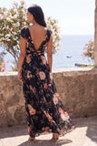 Zwarte chiffon A-lijn V-hals maxi bloemenjurk met rimpels en mutsen