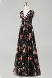 Zwarte chiffon A-lijn V-hals maxi bloemenjurk met rimpels en mutsen