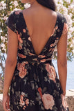Zwarte chiffon A-lijn V-hals maxi bloemenjurk met rimpels en mutsen