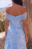 A-lijn blauwe off-the-shoulder bloemen maxijurk met applicaties