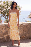 Gele, strapless gerimpelde bodycon midi bloemenjurk met split