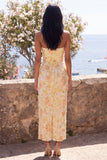 Gele, strapless gerimpelde bodycon midi bloemenjurk met split