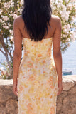 Gele, strapless gerimpelde bodycon midi bloemenjurk met split
