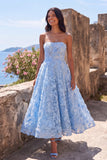 Blauwe strapless A-lijn doorschijnende korsetjurk met midi bloemen