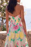 Narcissroze Bloem strapless A-lijn midijurk