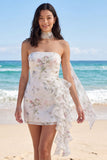 Strapless bloemen met ruches Bodycon Little White Dress