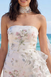 Strapless bloemen met ruches Bodycon Little White Dress