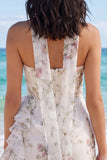 Strapless bloemen met ruches Bodycon Little White Dress
