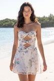 Strapless bloemen met een lijn kleine witte jurk met een lijnige uitsnede