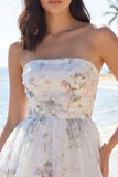 Strapless bloemen A Line Kleine Witte Jurk
