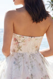 Strapless bloemen A Line Kleine Witte Jurk