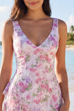 V-hals bloemen met ruches Bodycon Little White Dress