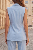 Lichtblauwe Peak revers dubbelgeknoopte 2-delige mouwloze slim fit damespakken