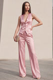 Roze V-hals enkelvoudige mouwloze tweedelige slim fit damespakken