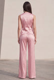 Roze V-hals enkelvoudige mouwloze tweedelige slim fit damespakken