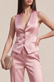Roze V-hals enkelvoudige mouwloze tweedelige slim fit damespakken