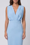 Hemelsblauwe gerimpelde bodycon met V-hals Mini Werkjurk