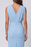 Hemelsblauwe gerimpelde bodycon met V-hals Mini Werkjurk