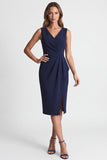 Marineblauwe gerimpelde bodycon met v-hals midi werkjurk met split