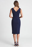 Marineblauwe gerimpelde bodycon met v-hals midi werkjurk met split