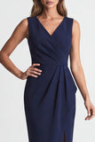 Marineblauwe gerimpelde bodycon met v-hals midi werkjurk met split