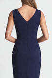 Marineblauwe gerimpelde bodycon met v-hals midi werkjurk met split